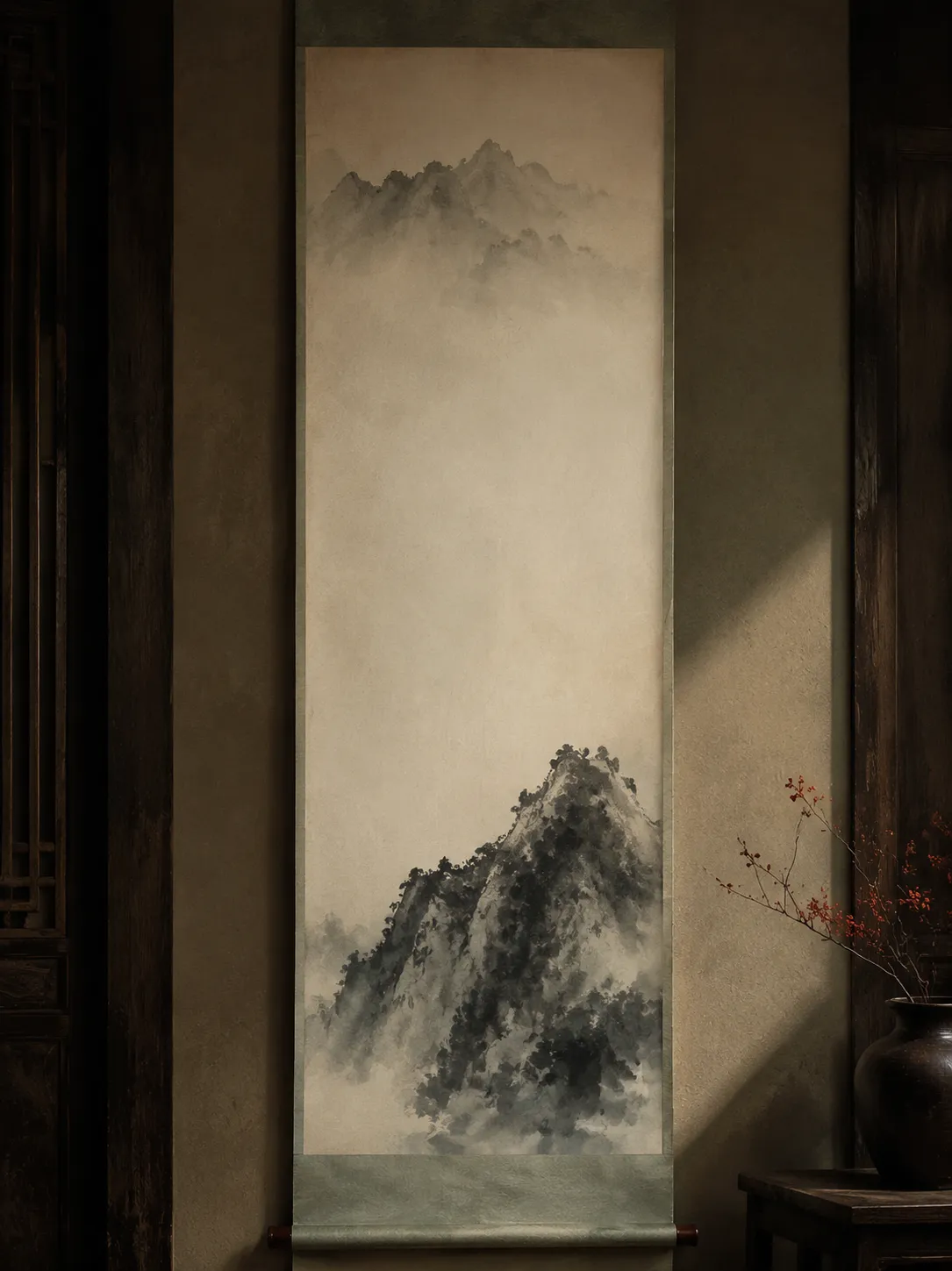 A tall ink landscape mounted as a hanging scroll on a wall in a dim room: a far range dissolving into mist above, a dark wooded peak below, and a wide band of empty paper between them.