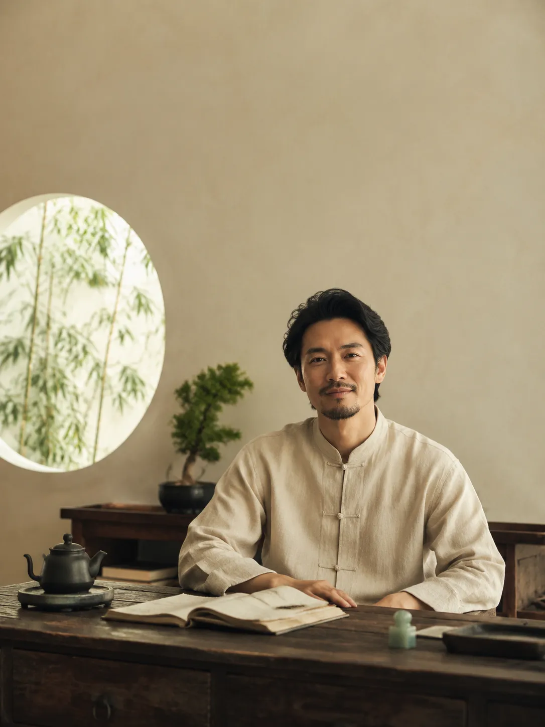 A quiet reading room: a person in loose cream linen seated at a dark wooden desk beside an open paper manuscript, a dark ceramic teapot and a small jade seal, with daylight and bamboo behind them through a round window.